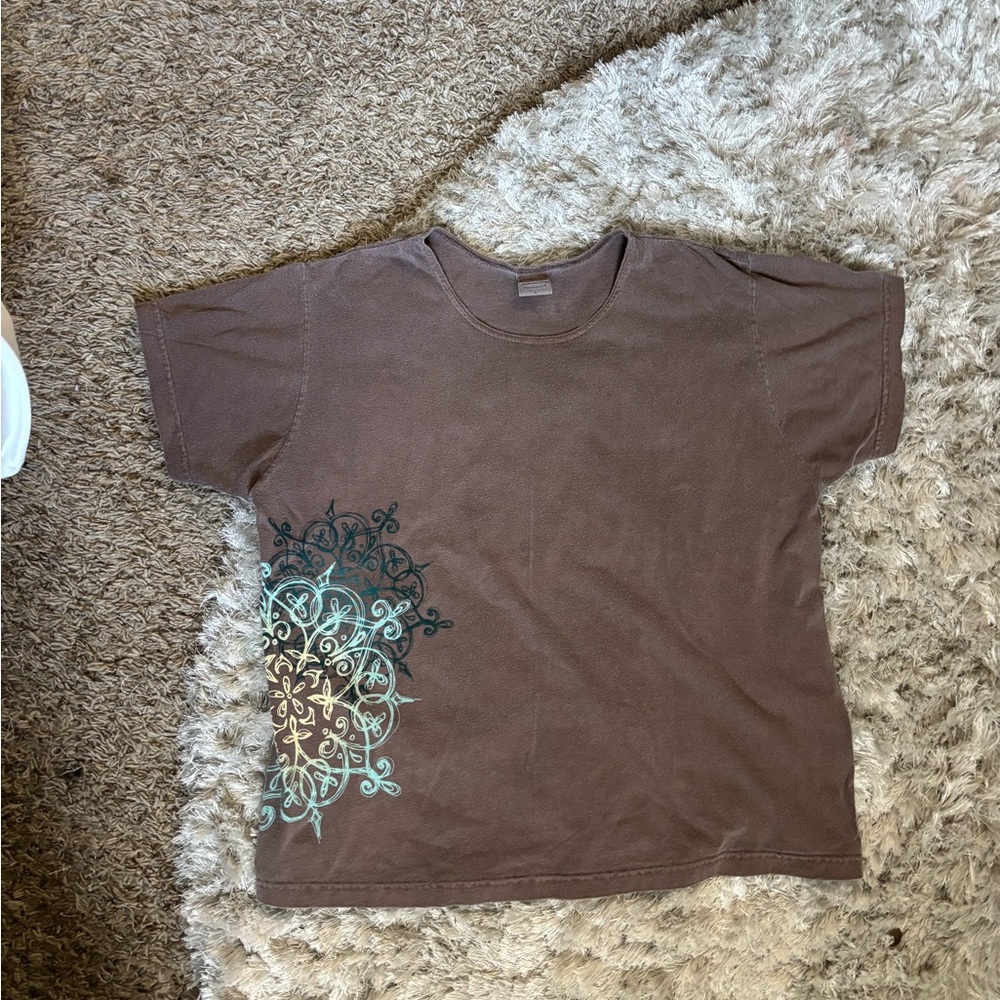 Brown T-Shirt with Blue and Green Design